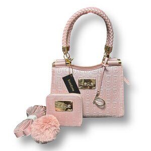 Bebe Alexandra Mini Satchel Gift Set Blush Shine‎ Pink Logo Faux Leather NWT